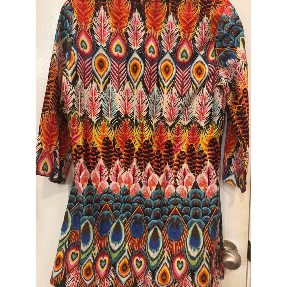 Boho Peacock Feather Tunic Small Top Colorful Statement Flowy Blouse - Picture 7 of 8